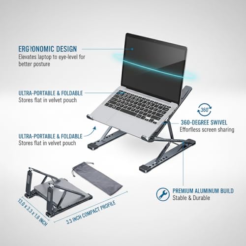 Laptop Stand, Adjustable Aluminum Notebook Riser with 360-Degree Rotation, Foldable Portable Computer Holder for Desk