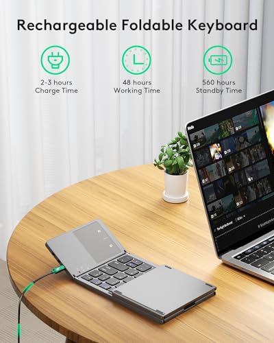 Samsers Foldable Bluetooth Keyboard with Touchpad, Ultra Slim Compact,Grey | Multi-touch Trackpad, Full Size, Phone Holder, USB-C Charging, 1 Device, for Android Windows iOS Mac OS, Mobile Productivity - color: Grey, size: 1-Device