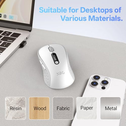 XBG B15Pro Tri-Mode Wireless Bluetooth Mouse with LED Display for Laptop | Bluetooth 5.0/4.0 & 2.4G, 2400 DPI, 500mAh Type-C Rechargeable, Ergonomic Silent Click, Multi-Device for PC Tablet Office - style: B15 Pro-White