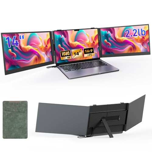 Laptop Screen Extender, 14" Ultra Thin Lightweight(2.2lb) FHD 1080P Triple Portable Monitor for Laptops 13-17.3", Plug-Play Aluminum Dual Monitor Extended for Mac/Windows, Business/Travel/Home/Office - color: Charcoal Gray