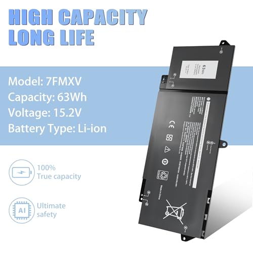7FMXV Laptop Battery Replacement for Dell Latitude 5320 7320 7420 7520 Series TN2GY 0TN2GY 9JM71 4M1JN 1PP63 727CG MHR4G HDGJ8 CN-0727CG CN-0TN2GY [15.2V/63Wh] - size: 9.9*4*0.2inch 7FMXV