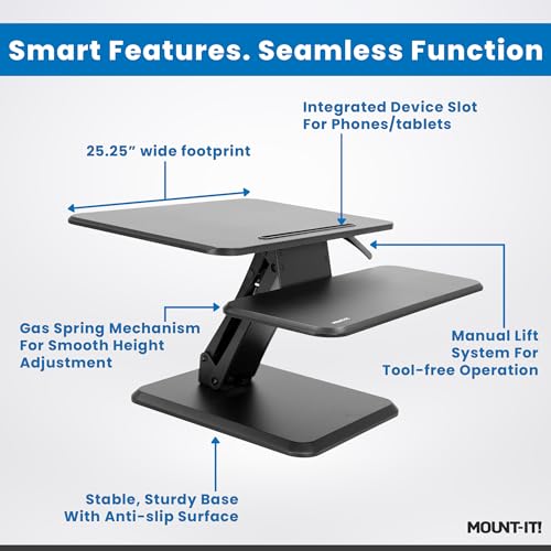 Mount-It! Standing Desk Converter, Compact 25" Sit Stand Desk Riser with Gas Spring Lift, Adjustable Height Desktop Riser for Laptop, Monitor, and Keyboard, Small Home Office Desk Converter - size: 25 " Width