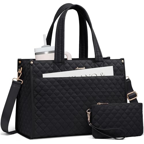 LOVEVOOK Laptop Tote Bag for Women,Canvas Work Tote Bag for Women with Clutch Purse,15.6 Inch Computer Briefcase Bag,Professional Teacher Business Office Bag,Lightweight Shoulder Travel - color: Black, size: 15.6 inch