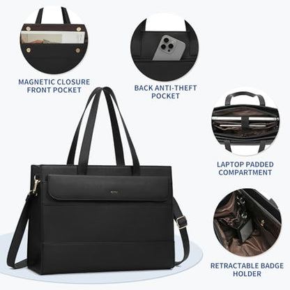 Keyli 3pcs Laptop Bag for Women 15.6 Inch Leather Work Tote Bags Professional Business Office Computer Shoulder Briefcase - color: Sets-black