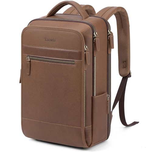 Tzowla Leather Laptop Backpack, Bag for Men and Women,Business Travel Work Rucksack Fits 15.6 Inch Laptop,Bookbag with USB and Type-C Charging Port-Black - color: Brown