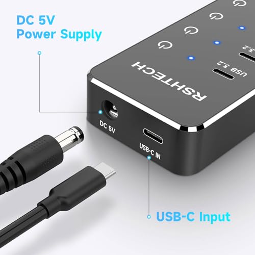 RSHTECH 7-Port Powered USB-C/USB 3.2 Data Hub Splitter, RSH-ST07C-4 | with 3 x 10Gbps USB-3.2(2C + 1A),4 USB-3.0 Ports(2C + 2A), 3.3ft USB-A/USB-C Cable, Touch Switches, and 5V Power Adapter