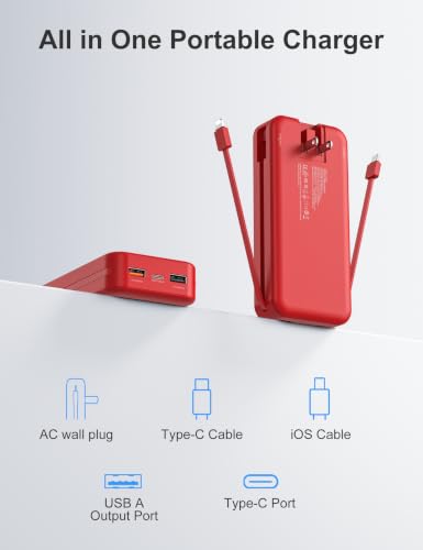 20000mAh Ultra Portable Charger Power Bank with inBuilt Cables&AC Wall Plug | PD20W USB-C Fast Charging Cell Phone Charger Battery Pack,LED Display Travel Battery Bank for All iPhone,Samsung,Android - color: Red-20Ah