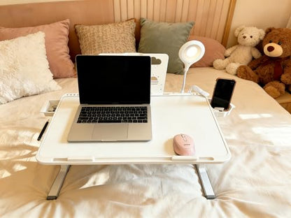 Foldable and Adjustable Laptop Bed Table with Hidden Drawer, Cup Holder, USB Voice-Controlled Night Light, White 23.6"x15.7", Suitable for Working, Gaming, and Other uses on Bed and Sofa - color: White