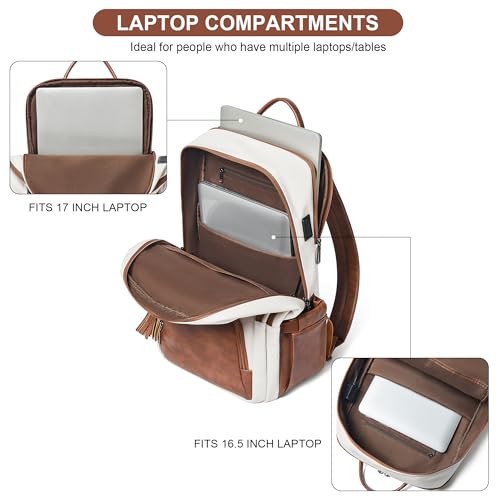 Shrrie 17 Inch Laptop Backpack for Women,Vegan Leather Backpack Purse,28L Work Business College Travel Computer Backpacks with Pouch Pocket for Large Capacity Cup & USB Charger,Beige with Brown - color: Beige With Brown
