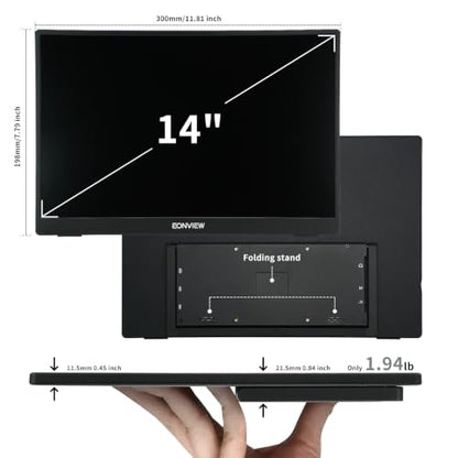 Portable Monitor, 14 Inch, 1200P IPS Display, Zero Frame, USB-C and HDMI, for Laptop, PC, Mac, PS, Xbox, Nintendo Switch - size: 14 Inch