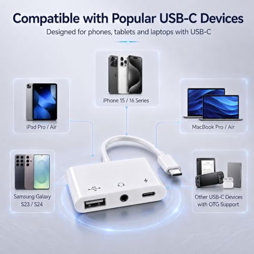 3-in-1 USB C Adapter for iPhone 15 16, USB C to USB-A OTG Adapter with 3.5mm Headphone Jack & PD Fast Charging Port, USB C Splitter for MacBook Pro Air, iPad Pro, Samsung Galaxy S23 S24