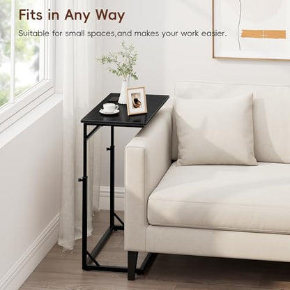 C Shaped End Table with Charging Station, C-Table End Table Adjustable Height Side Table for Couch, Large Couch Tables,Slide Under Sofa Tables TV Tray Arm Tables for Living Room,Bedroom,Black - color: Black, style: With Plug