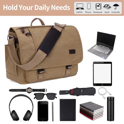 Nerlion Messenger Bag for Men 17-17.3 Inch Laptop Bag Canvas Water-resistant Computer Bag Shoulder Bag Work Briefcase Bookbag for College (Brown) - color: Brown