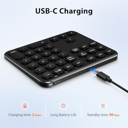 iClever Bluetooth Number Pad, Multi-Device Wireless Numeric Keypad, USB-C Rechargeable, 35 Keys Portable Numpad for Data Entry, Financial Accounting, Compatible with Laptop, Mac, iMac, Tablet, PC
