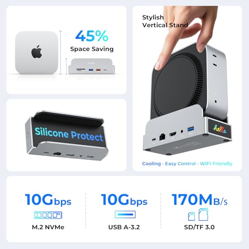 RayCue SmartDock Pro for Mac mini M4 Dock Stand with M.2 NVMe SSD Enclosure, 4K 60Hz HDMI, 10Gbps USB-C/A, Gigabit Ethernet, SD/TF Card Readers – Space-Saving Vertical Hub Compatible with Mac mini