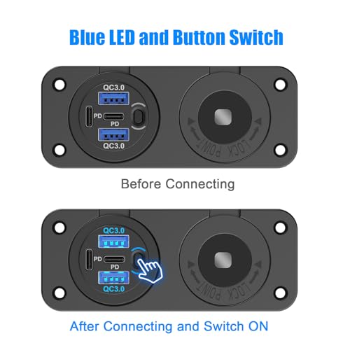 4 Port 12V USB Outlet Marine Switch Panel 12 Volt Plug, Dual PD30W and Dual QC18W USB Ports Car Charger with Switch, Waterproof 150W Cigarette Lighter Socket 2 in 1 DIY Kit for Car Marine Boat RV ATV