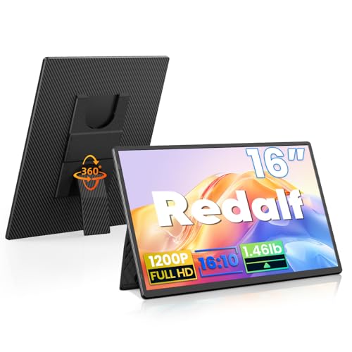 Redalf 16" Portable Monitor, 1200P FHD Ultra Slim Laptop Screen Extender, 360°Rotating Detachable Stand, Plug & Play Travel Dual Monitor for Laptop/Wins/MacOS/Phone - color: Black