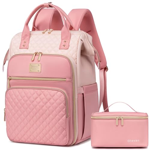 Otevan Lunch Backpack for Women, 15.6 inch Laptop Backpacks for Womens, Work Backpacks with Lunchbox,Insulated Back pack Cooler,Teacher Nurse Travel Backpack for Women - color: Beige/Pink
