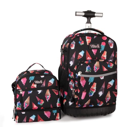 Tilami Rolling Backpack for Kids 19 inch with Lunch Bag Wheeled Laptop Backpack,Ice cream - color: Ice Cream