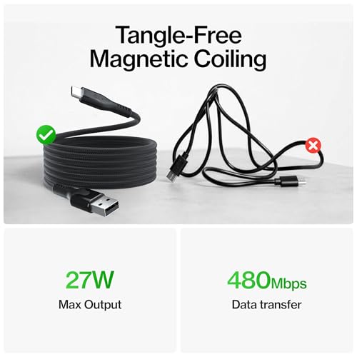 Statik MagStack USB A to USB C Coiling Magnetic Charging Cable, 27W | Nylon Braided Tangle-Free Design, Magnetic Coiling, Data Transfer, Compatible with iPhone & Android, 3FT Black - color: Black, size: 3ft, style: USB-A to USB-C