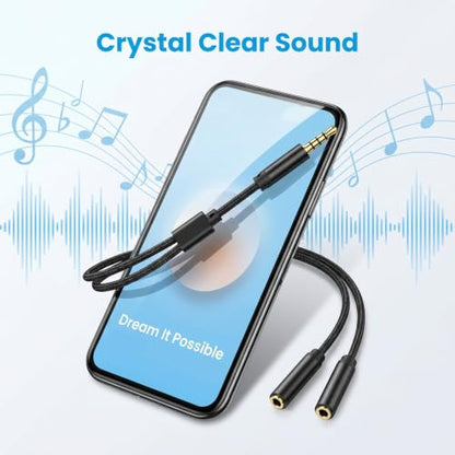 TRRS Headphone Splitter for 2 Headphones, 2PCS 3.5mm Audio Splitter | Nylon-Braided Extension Cable 1 in 2 out 3.5mm Trrs Splitters Male to Female Headset Splitters for Phone/Tablet/Laptop/PC/MP3