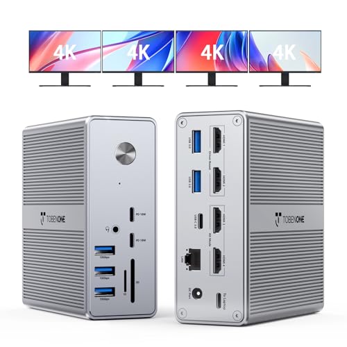 TobenONE 18-in-1 DisplayLink Docking Station 4 Monitor with 4 HDMI | Quad/Triple 4K@60Hz Dock, 120W Power Adapter, 18W Phone Fast Charge, for Windows & MacBook, Ideal for Tech Professionals