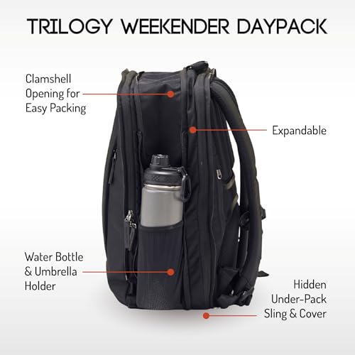Trilogy Weekender Daypack I Opens like a suitcase, for easy packing. Expands into a 22-liter weekender bag. Hidden under sling holds yoga mat or sleeping bag, and doubles as a rear cover (Black) - color: Black