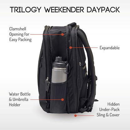 Trilogy Weekender Daypack I Opens like a suitcase, for easy packing. Expands into a 22-liter weekender bag. Hidden under sling holds yoga mat or sleeping bag, and doubles as a rear cover (Black) - color: Black