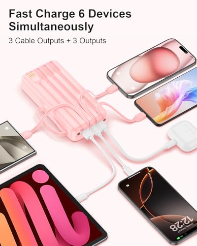 Portable Charger 27000mAh 30W Fast Charging Power Bank | Built-in Cables, LED Display, 6 Outputs & 2 Inputs, USB C Battery Pack, Compatible with iPhone, Samsung, Google - color: Pink, size: 27000Mah