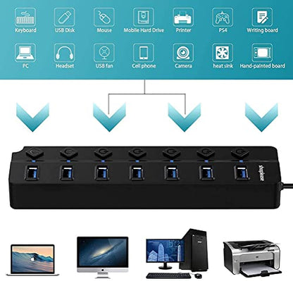 USB 3.0 Splitter with 5V/2A Power Adapter, 7-Port USB 3.0 Hub with Individual Power Switches and Lights, Portable Expansion Data Hub with 120cm Cable for Windows, Vista, XP, Linux, Mac OS X