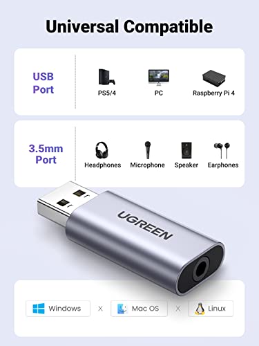 UGREEN USB to Audio Jack USB External Sound Card 3.5mm Audio Adapter 2 in 1 USB A to Aux TRRS Headphone Adapter Microphone Stereo Jack Aluminum Compatible with PS5 PC Windows Mac Linux Laptop Desktop