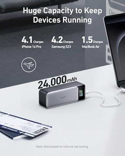 Anker 737 Power Bank, 140W 24,000mAh 3-Port Laptop Charger, Smart Display | Fast Multi-Device Charging, for iPhone 16 / 15 / 14 Series, Vision Pro, Samsung, MacBook, and More