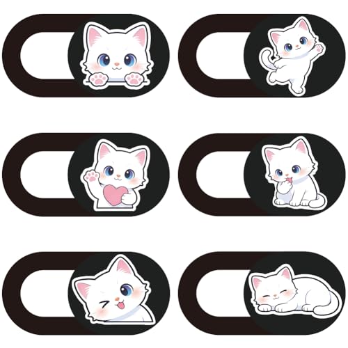 6Pcs 6 Styles Cat Camera Cover Slide Cute Privacy Guard Accessories, 0.04 Inch Ultra Thin Webcam Cover Protector Blocker for Laptop Desktop Computer Tablet Notebook Mini PC Home Office Use - color: White Cat
