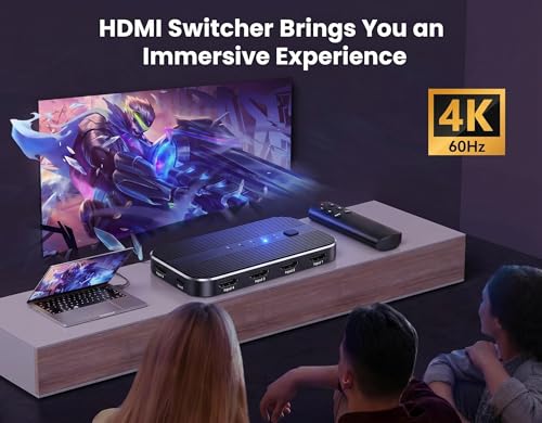HDMI Switch 5 in 1 Out with Remote 4K@60Hz, HDMI Splitter Support HDCP2.2, HDR, 3D, Dolby Support, 3 Port Switcher Selector Box with Xbox, PS5/4/3, Fire Stick Roku Blu-Ray Player (5 in 1 Out)