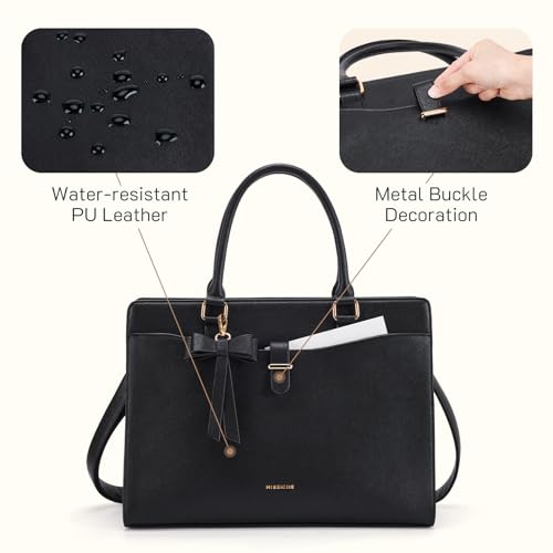 Missnine Laptop Tote Bag for Women 15.6 Inch Leather Work Bags Teacher Computer Purse Briefcase Handbag for Office, Travel - color: Bow Black
