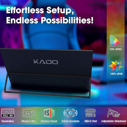 Kado Portable Monitor 15.6 Inch 1080p 100% sRGB Ultra-Slim Gaming Display | Laptop Monitor 1920x1080 180° Kickstand, Carrying Case for PC, Mac, Phone, Dex, Xbox, PS5, USB-C & HDMI Connectivity - size: 100% sRGB