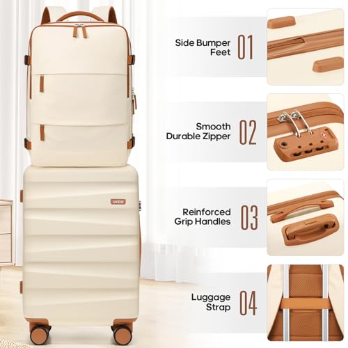UKEIN Luggage Set with Backpack,Hardshell Carry On Luggage Airline Approved | 20inch Suitcase Set with 360° Smooth Spinner Wheels,TSA Lock,YKK Zippers,Lightweight 3 Piece,Polycarbonate - color: Beige, size: Carry On 3 Piece Set (20inch)