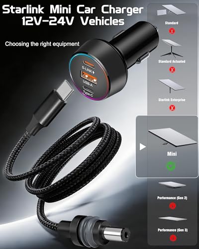 Starlink Mini Car Adapter with DC Power Cable, 12V-24V Car Charger Accessories for Starlink Mini, PD 30W + USB-A 22.5W + PD 100W Car Power Supply for Trucks, RVs, Boats - 9FT Braided Cable - size: 9FT
