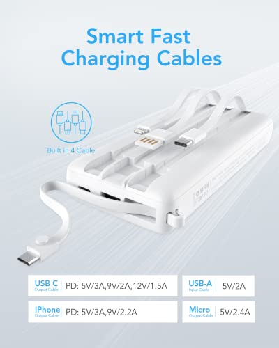VRURC Portable Charger 20000mAh, Built-in Cables Fast Charging Power Bank, PD QC 3.0 Travel Essentials Battery Pack, 4 Output & 2 Input Phone Charger for iPhone16 15 14 13 X, Samsung, Android - color: White