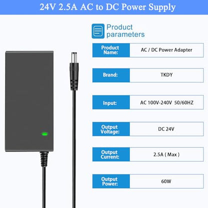 24V Power Supply, 24V 2.5A AC Adapter, fit for Logitech G29 G920 Racing Wheel/LED Light Strip/Vizio Soundbar/Dymo 4XL Printer etc,100-240V 50/60Hz Power Cord, with 8 DC Tips.