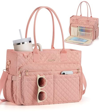 Bagstellar Teacher Tote Bag for Women, 15.6" Laptop Work Tote Computer Bag | Quilted Bible Nurse Bag with 40oz Cup Holder, Insulated Pocket & Strap, Large Laptop Briefcase for School Travel Office Gifts - color: Pink