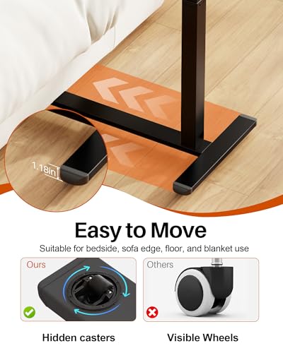 Overbed Table with Wheels, Pneumatic Lift, Foldable Top (Brown) | 0-70° Tilt Desktop Bedside Table, Hidden Casters,1.18 In Low-Profile Base Slides Under Beds and Sofas, Holds 88 Lbs - color: Brown