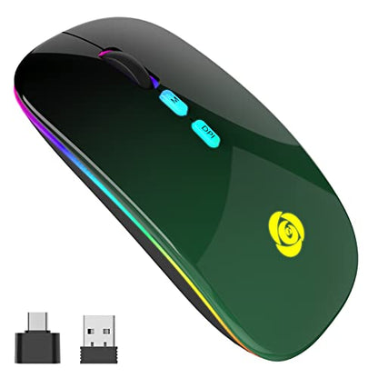 CC Store Wireless Mouse for Laptop,USB-C Rechargeable with Dual Connection | Bluetooth mouse with 2.4GHz USB receiver, silent slim design, adjustable DPI for laptop,MacBook,PC and tablet,Black-green - color: Black-green