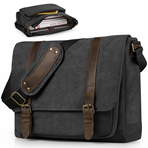 SMRITI Vintage Canvas Messenger Bag for Men 15.6-16 inch Laptop bag,Computer Satchel Shoulder Bag for School Work Travel (Black) - color: Black