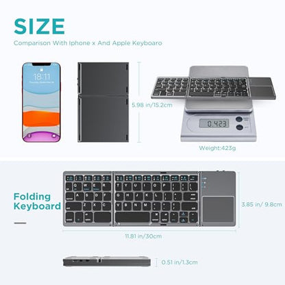 Foldable Bluetooth Keyboard with Touchpad - Portable Wireless Keyboard with Holder, Rechargeable Full Size Ultra Slim Pocket Folding Keyboards for Android Windows iOS Tablet & Laptop