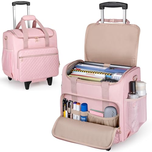 LUXJA Rolling Teacher Bag with Wheels and 15.6" Laptop Compartment, Pink | Rolling Briefcase for Women, Teacher Tote Bag for Office Work with Detachable Dolly and Shoulder Strap, Ample Storage Pockets - color: Pink