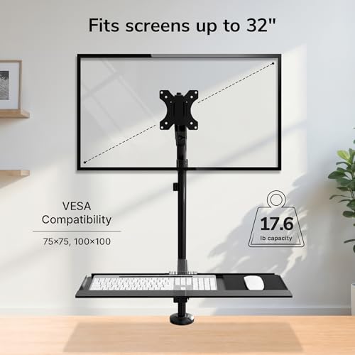 Mount-It! Sit-Stand Monitor Arm Desk Mount with Keyboard Tray, Single Monitor Fits Up to 32”, Height Adjustable Gas Spring, Full Motion Articulating Arm, Clamp or Grommet, Black
