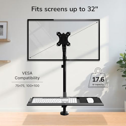 Mount-It! Sit-Stand Monitor Arm Desk Mount with Keyboard Tray, Single Monitor Fits Up to 32”, Height Adjustable Gas Spring, Full Motion Articulating Arm, Clamp or Grommet, Black