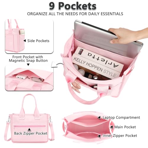 Fammart Large Canvas Tote Bag for Women with Zipper & Compartments, Crossbody Laptop Bags for Work College Travel - color: Pink