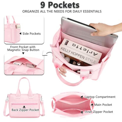 Fammart Large Canvas Tote Bag for Women with Zipper & Compartments, Crossbody Laptop Bags for Work College Travel - color: Pink